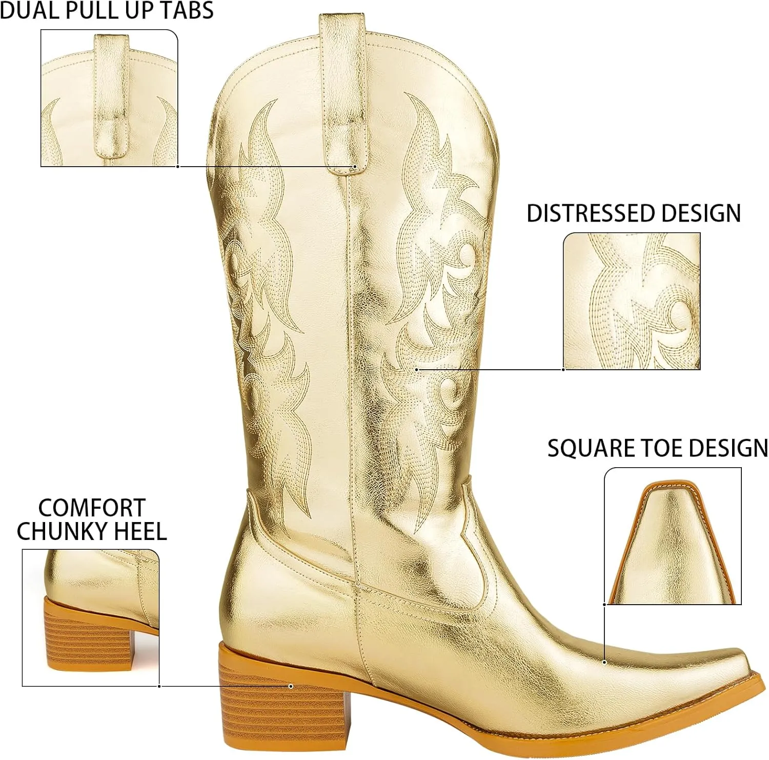 Women's Square Toe Cowboy Cowgirl Boots Embroidered Mid Calf Chunky Heel Western Boots