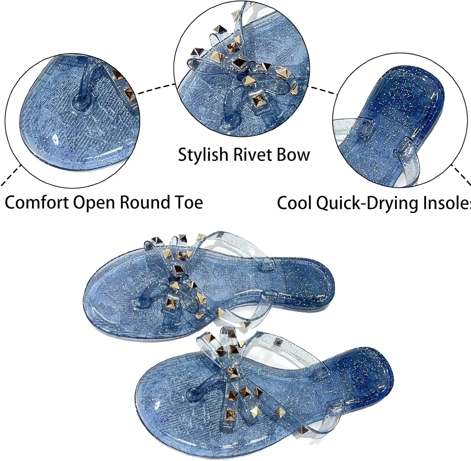 Women's Studded Bow Jelly Flat Flip Flops Fashion Comfort Open Round Toe Slip On Thong Slipper Sandals With Rivets for Summer Outdoor Beach Pool
