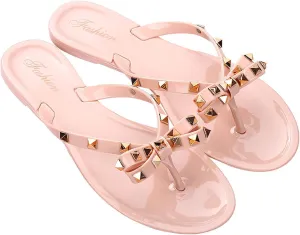 Women's Studded Bow Jelly Flat Flip Flops Fashion Comfort Open Round Toe Slip On Thong Slipper Sandals With Rivets for Summer Outdoor Beach Pool