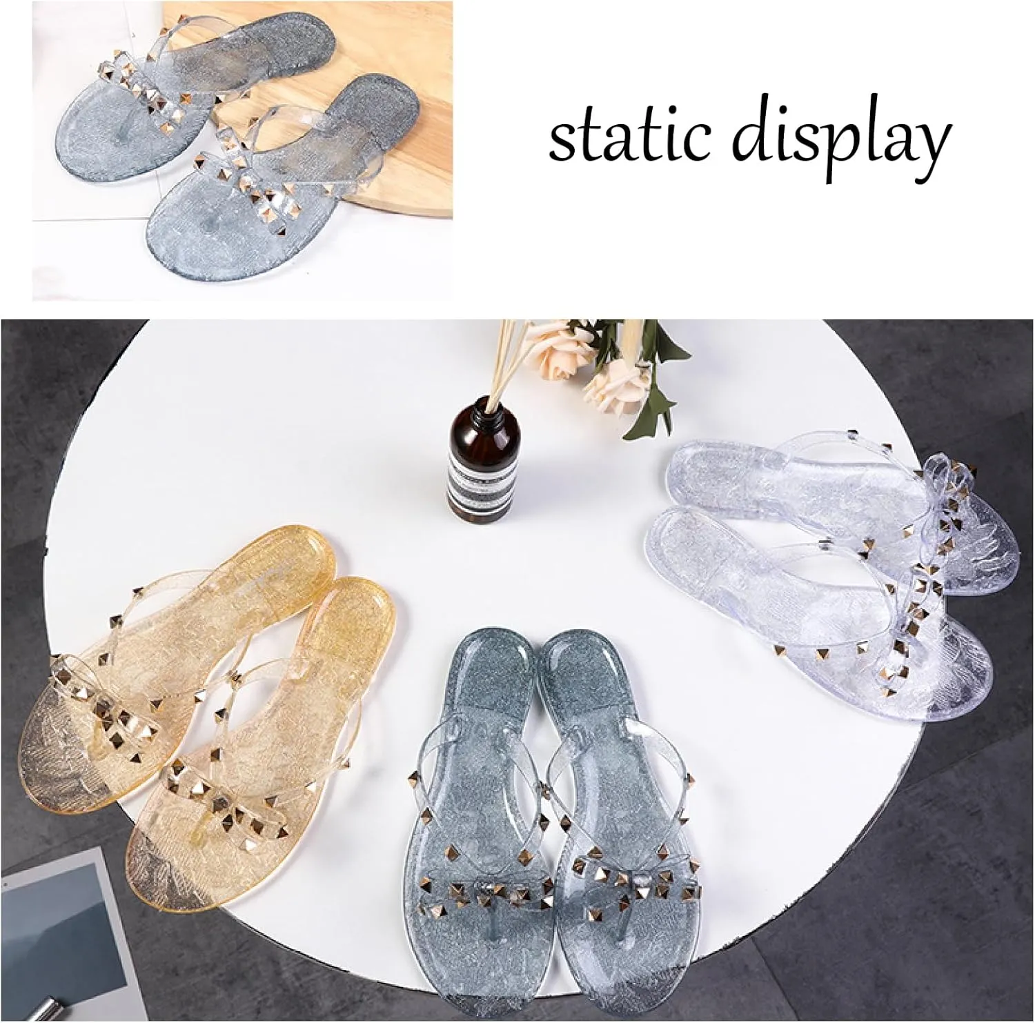 Women's Studded Bow Jelly Flat Flip Flops Fashion Comfort Open Round Toe Slip On Thong Slipper Sandals With Rivets for Summer Outdoor Beach Pool