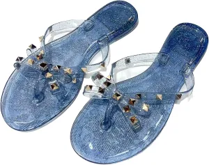 Women's Studded Bow Jelly Flat Flip Flops Fashion Comfort Open Round Toe Slip On Thong Slipper Sandals With Rivets for Summer Outdoor Beach Pool