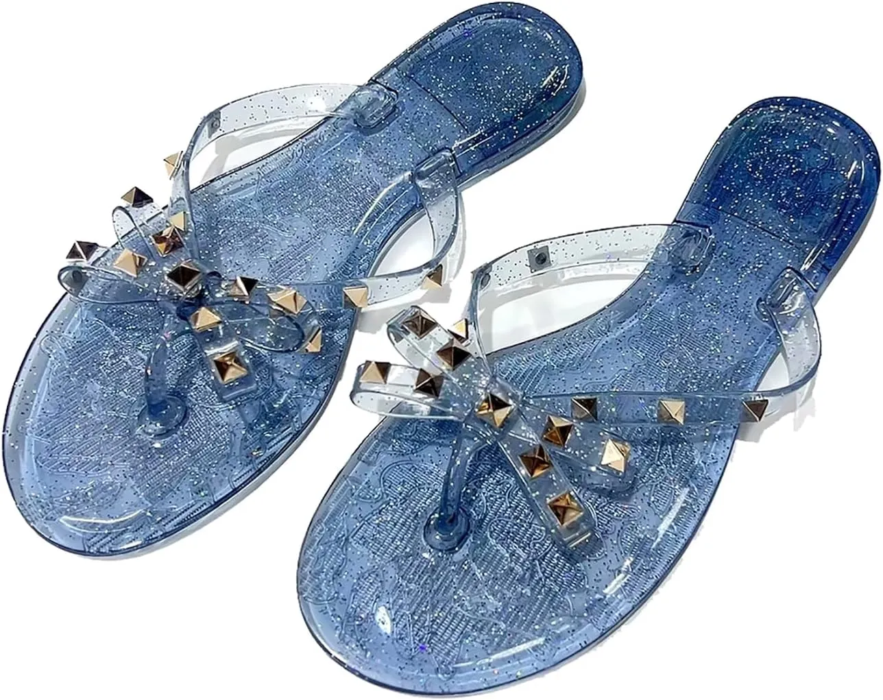 Women's Studded Bow Jelly Flat Flip Flops Fashion Comfort Open Round Toe Slip On Thong Slipper Sandals With Rivets for Summer Outdoor Beach Pool