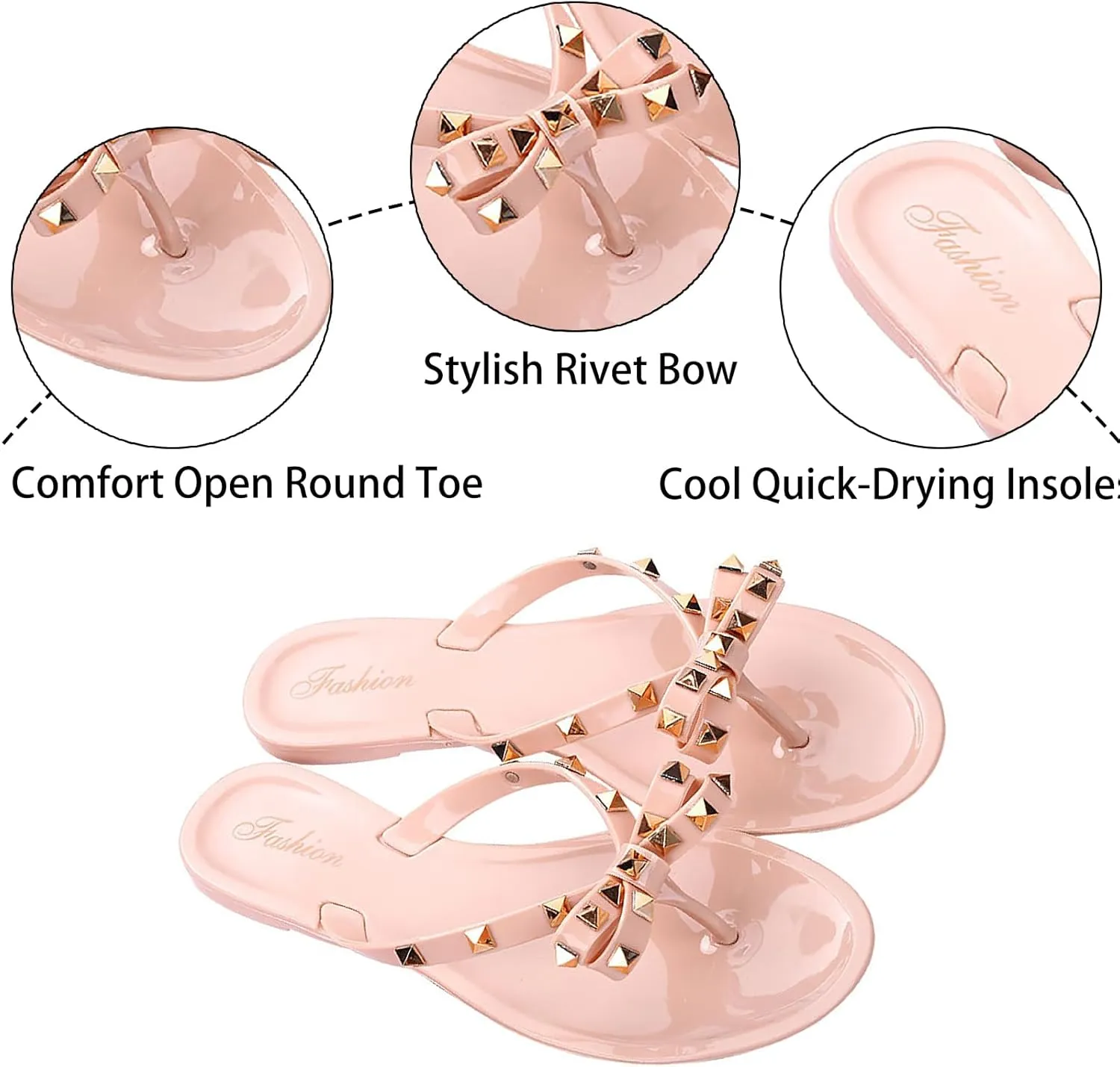 Women's Studded Bow Jelly Flat Flip Flops Fashion Comfort Open Round Toe Slip On Thong Slipper Sandals With Rivets for Summer Outdoor Beach Pool