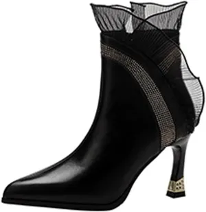 Women'S Suede Lace Splicing Stiletto Heel Ankle Boots Fashion Pointed Rhinestone Side Zipper Slip-On Heel Booties For Party Dance Dress Boots