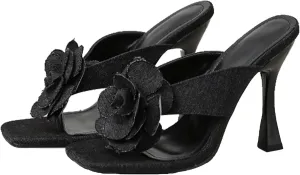 Womens Summer Denim Floral Stiletto Thong Sandals Fashion Square Open Toe Slip On two strap clip toe High Heel Dressy Slides Sandals Prom Daily Classic Office Lady Work Shoes