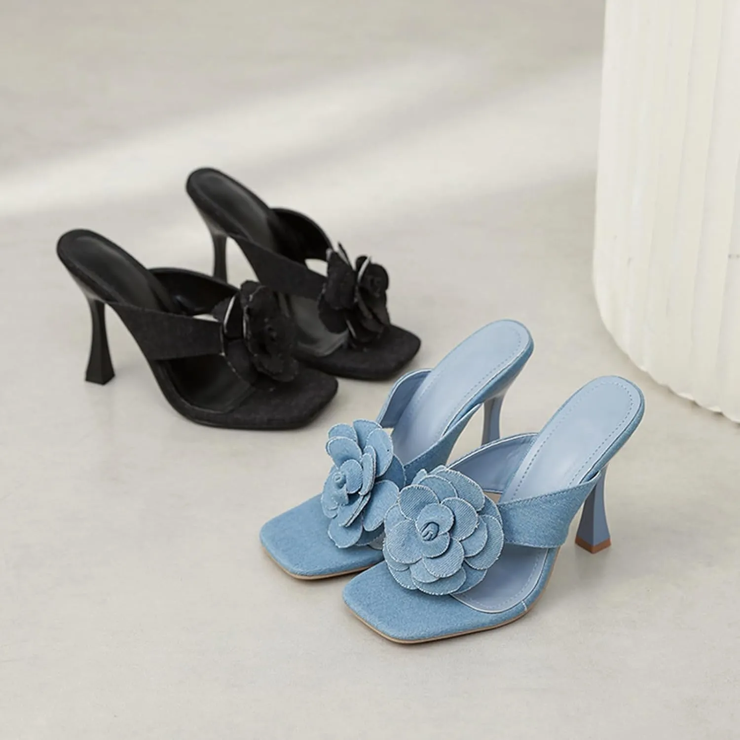 Womens Summer Denim Floral Stiletto Thong Sandals Fashion Square Open Toe Slip On two strap clip toe High Heel Dressy Slides Sandals Prom Daily Classic Office Lady Work Shoes