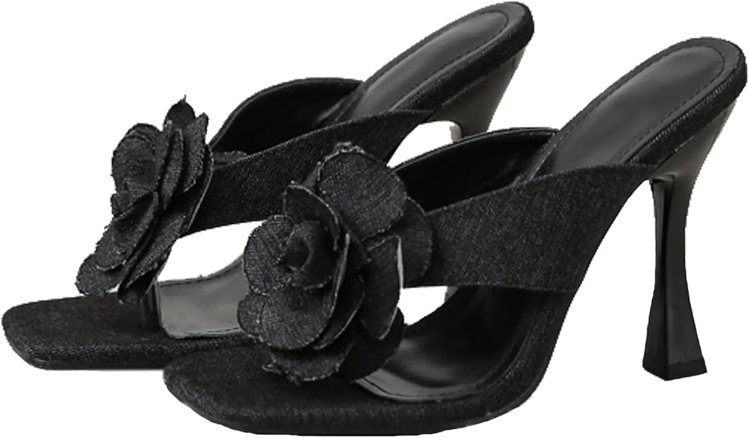 Womens Summer Denim Floral Stiletto Thong Sandals Fashion Square Open Toe Slip On two strap clip toe High Heel Dressy Slides Sandals Prom Daily Classic Office Lady Work Shoes