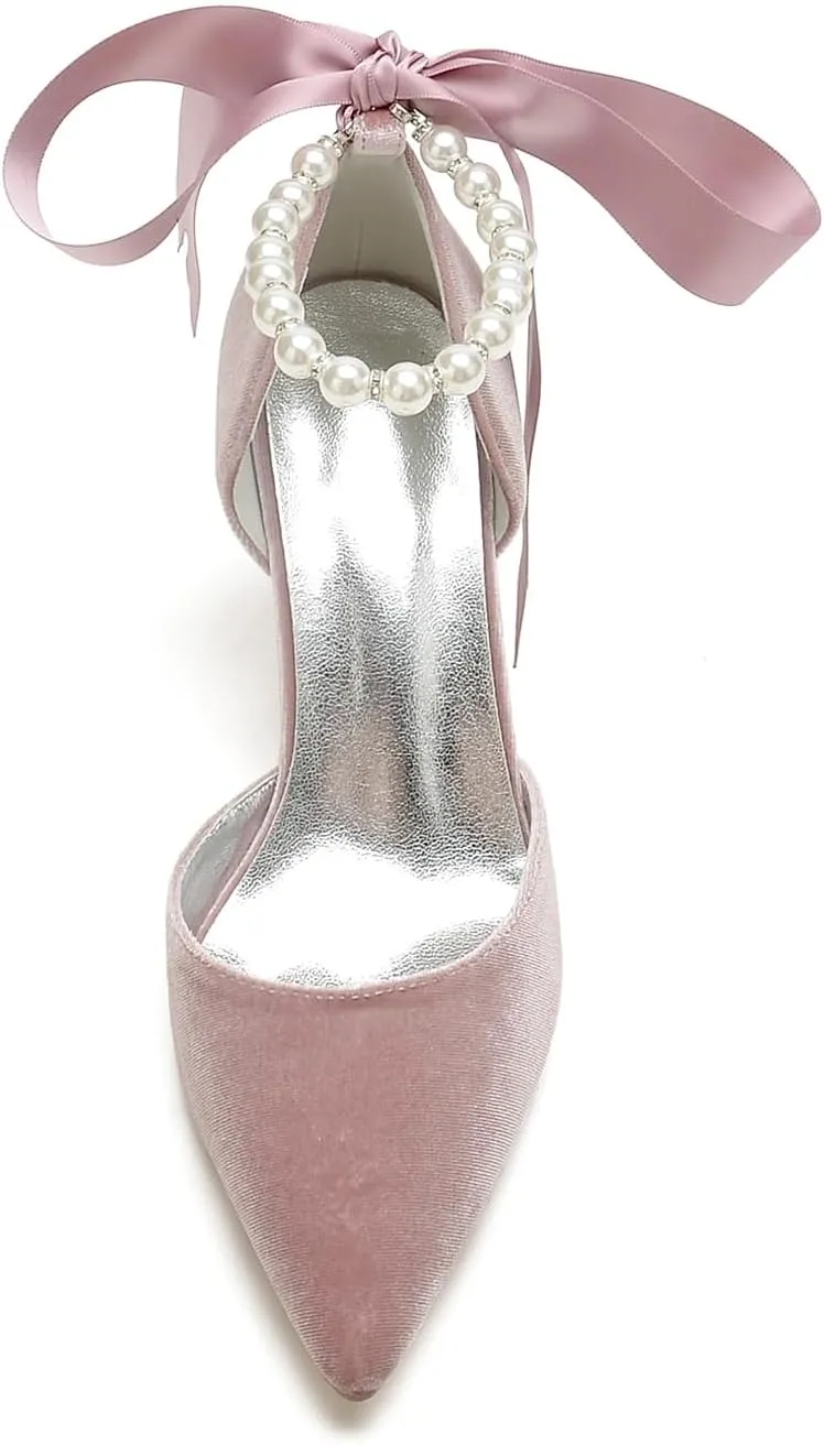 Womens Velvet Pointed Toe High Heel Pumps Comfort Kitten Heels for Bride Pearls Prom Evening Party Dress Shoes