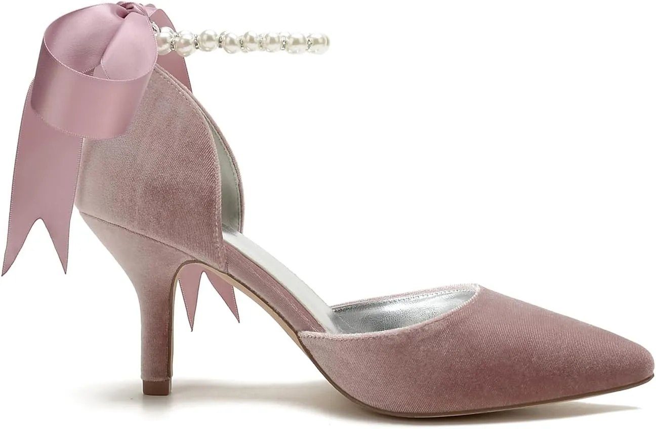 Womens Velvet Pointed Toe High Heel Pumps Comfort Kitten Heels for Bride Pearls Prom Evening Party Dress Shoes
