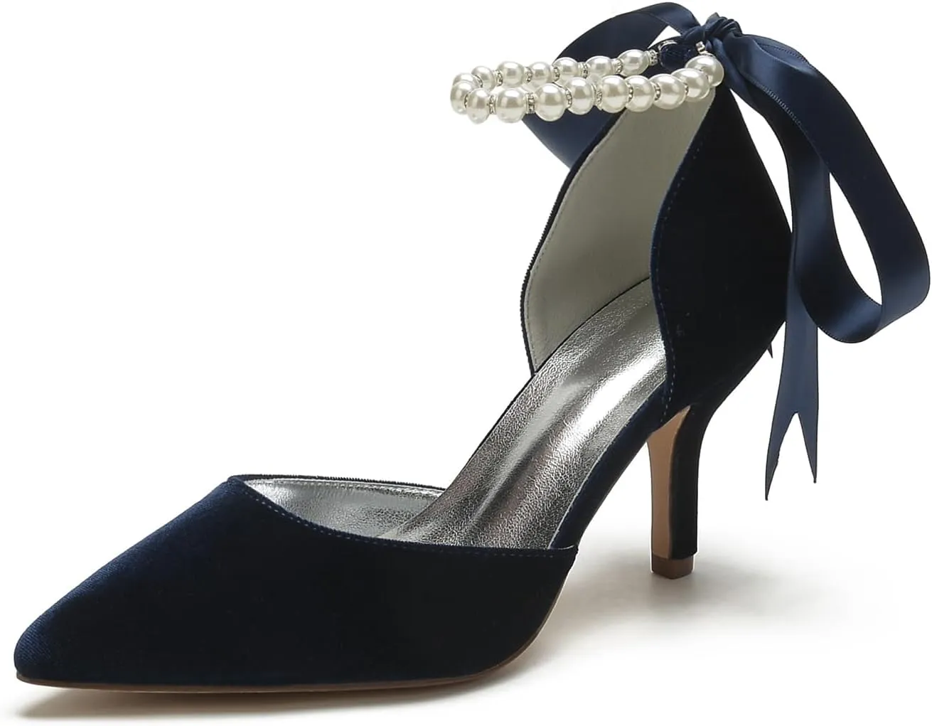 Womens Velvet Pointed Toe High Heel Pumps Comfort Kitten Heels for Bride Pearls Prom Evening Party Dress Shoes