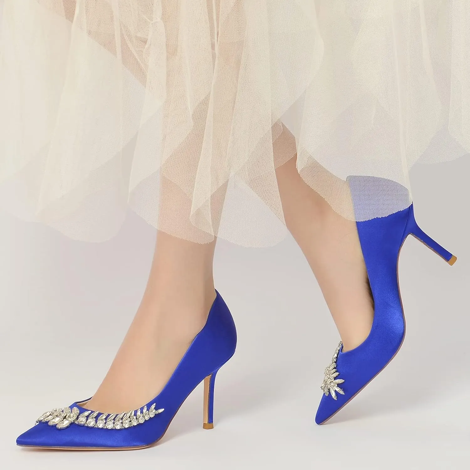 Women's Wedding Shoes Closed Toe High Heels Crystal Satin Court Shoes for Party & Evening