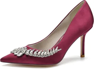 Women's Wedding Shoes Closed Toe High Heels Crystal Satin Court Shoes for Party & Evening