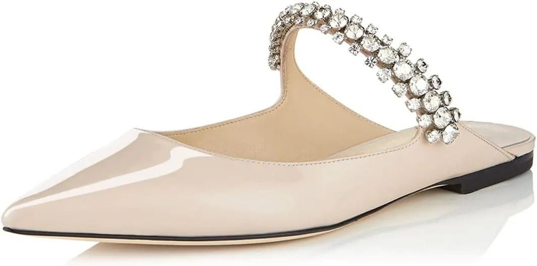 XINIUNIU Women Heeled Mules Patent Leather Strapped Mules Pointed Toe Slip On Sandals for Women Rhinestones Bridal Dress Shoes
