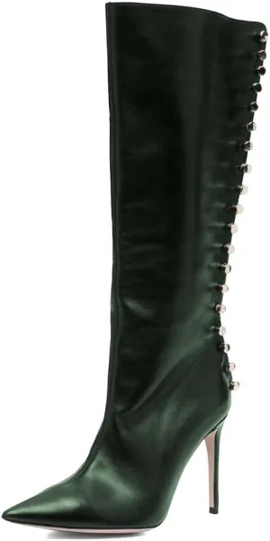 XYD Women Sexy Rivets Closed Pointed Toe Stiletto High Heel Knee High Boots Side Zipper Party Event Nightclub Shoes