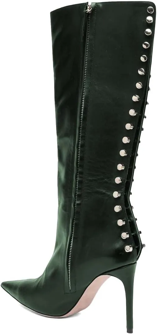 XYD Women Sexy Rivets Closed Pointed Toe Stiletto High Heel Knee High Boots Side Zipper Party Event Nightclub Shoes