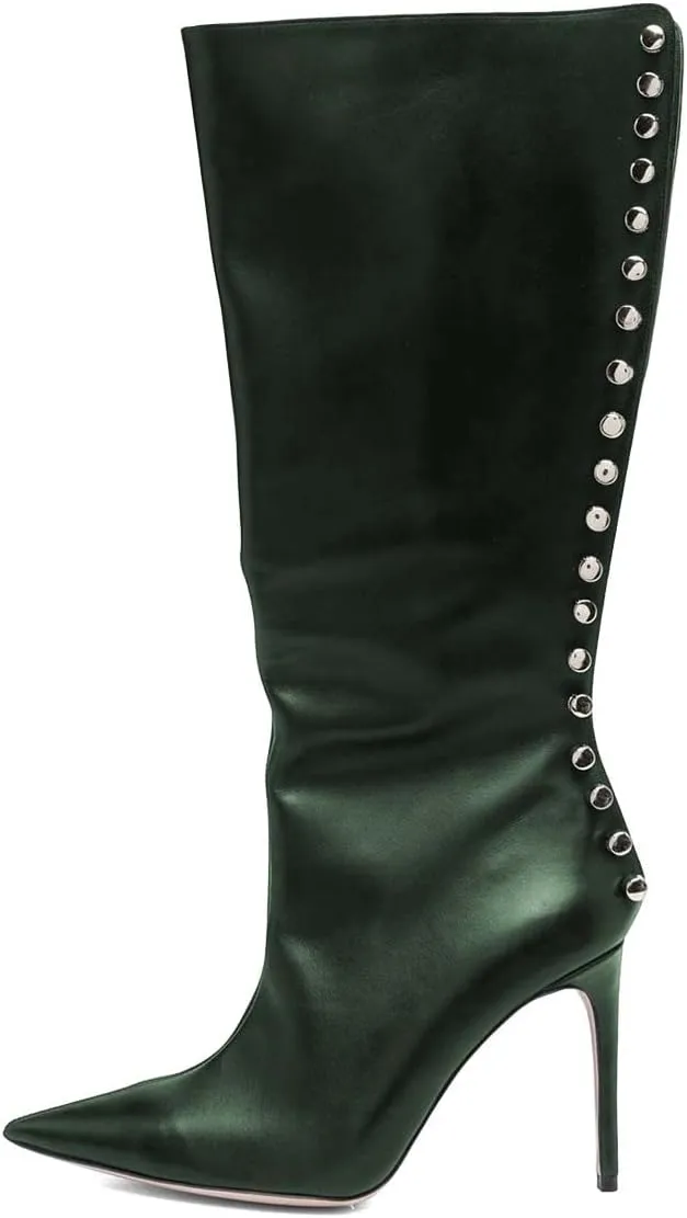 XYD Women Sexy Rivets Closed Pointed Toe Stiletto High Heel Knee High Boots Side Zipper Party Event Nightclub Shoes