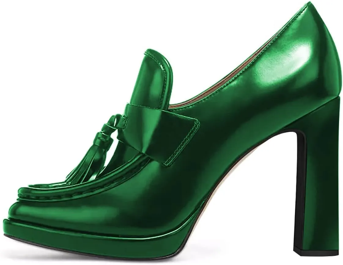 YDN Women Tassel Square Toe Penny Loafers Platform Chunky High Heel Pumps Slip on Work Office Outift Shoes Size 4-15 US