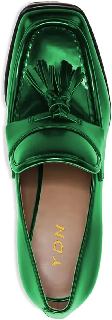 YDN Women Tassel Square Toe Penny Loafers Platform Chunky High Heel Pumps Slip on Work Office Outift Shoes Size 4-15 US