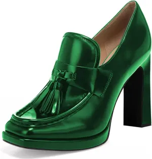 YDN Women Tassel Square Toe Penny Loafers Platform Chunky High Heel Pumps Slip on Work Office Outift Shoes Size 4-15 US