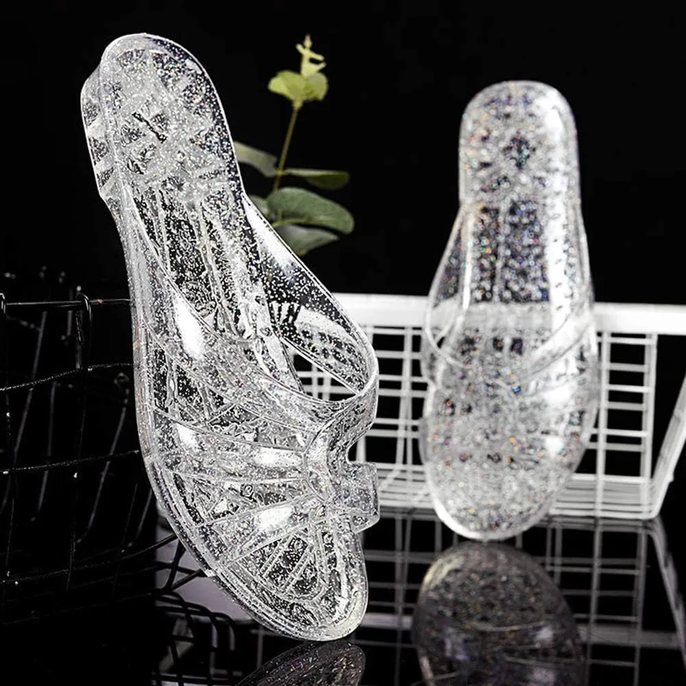 Yehopere Women's Jelly Sandals Flat Bling Crystal Summer Beach Rain Shoes Sandal