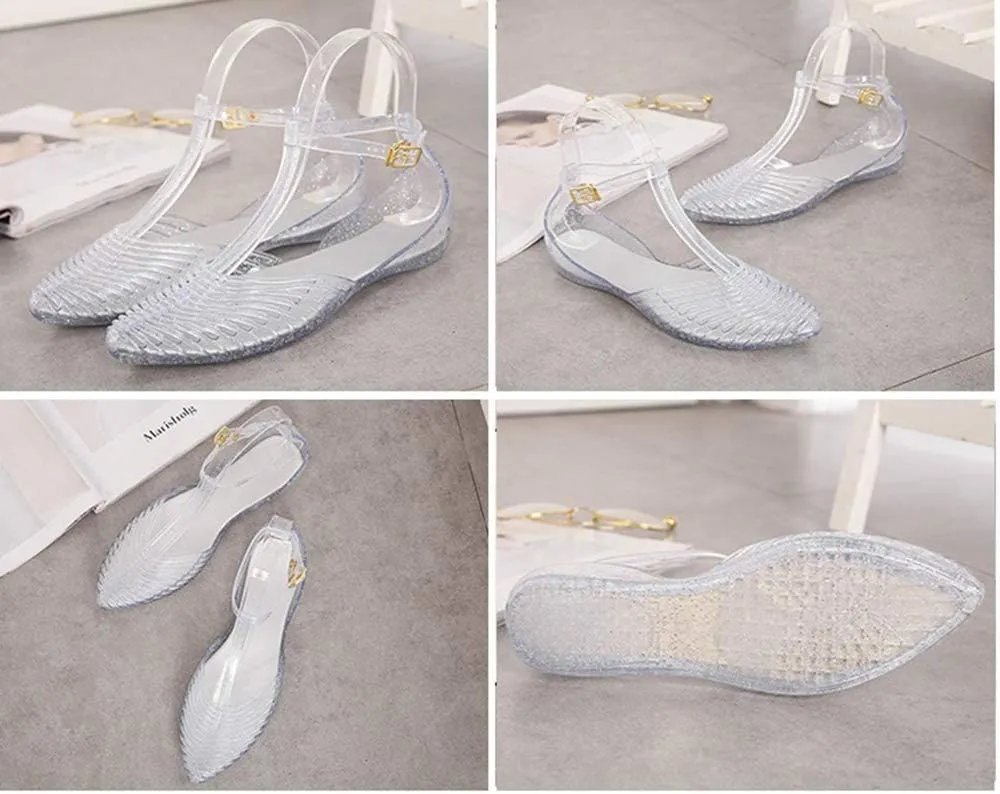 Yehopere Women's T-Strap Jelly Sandal Pointed Toe Clear Summer Beach Flat Sandals