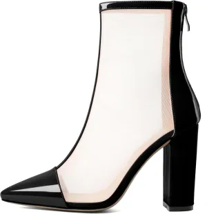 YODEKS Women's Chunky Block Heel Ankle Boots Sexy Pointed Toe High Heel Boots with Clear Mesh Ladies Zipper Boots Mid Calf Booties Shoes