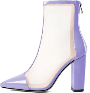 YODEKS Women's Chunky Block Heel Ankle Boots Sexy Pointed Toe High Heel Boots with Clear Mesh Ladies Zipper Boots Mid Calf Booties Shoes