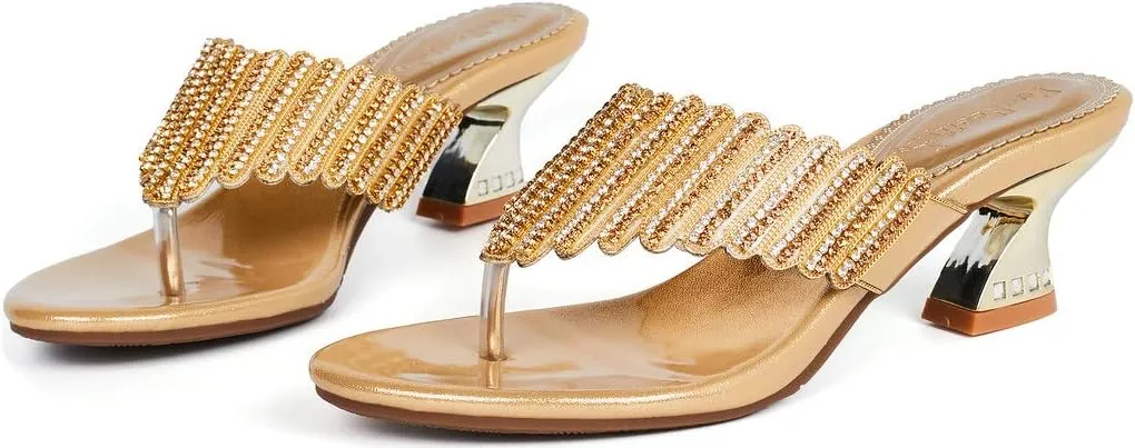 YooPrettyz Women T-Strap Slide Sandals Summer Beach Glitter Thong Sandal Chunky Heels