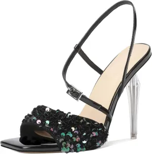 Zamikoo Women's High Heel Sandals, Ankle Strap Open Toe Heels, Square Toe Clear Stiletto Heeled Sandals 4 Inch