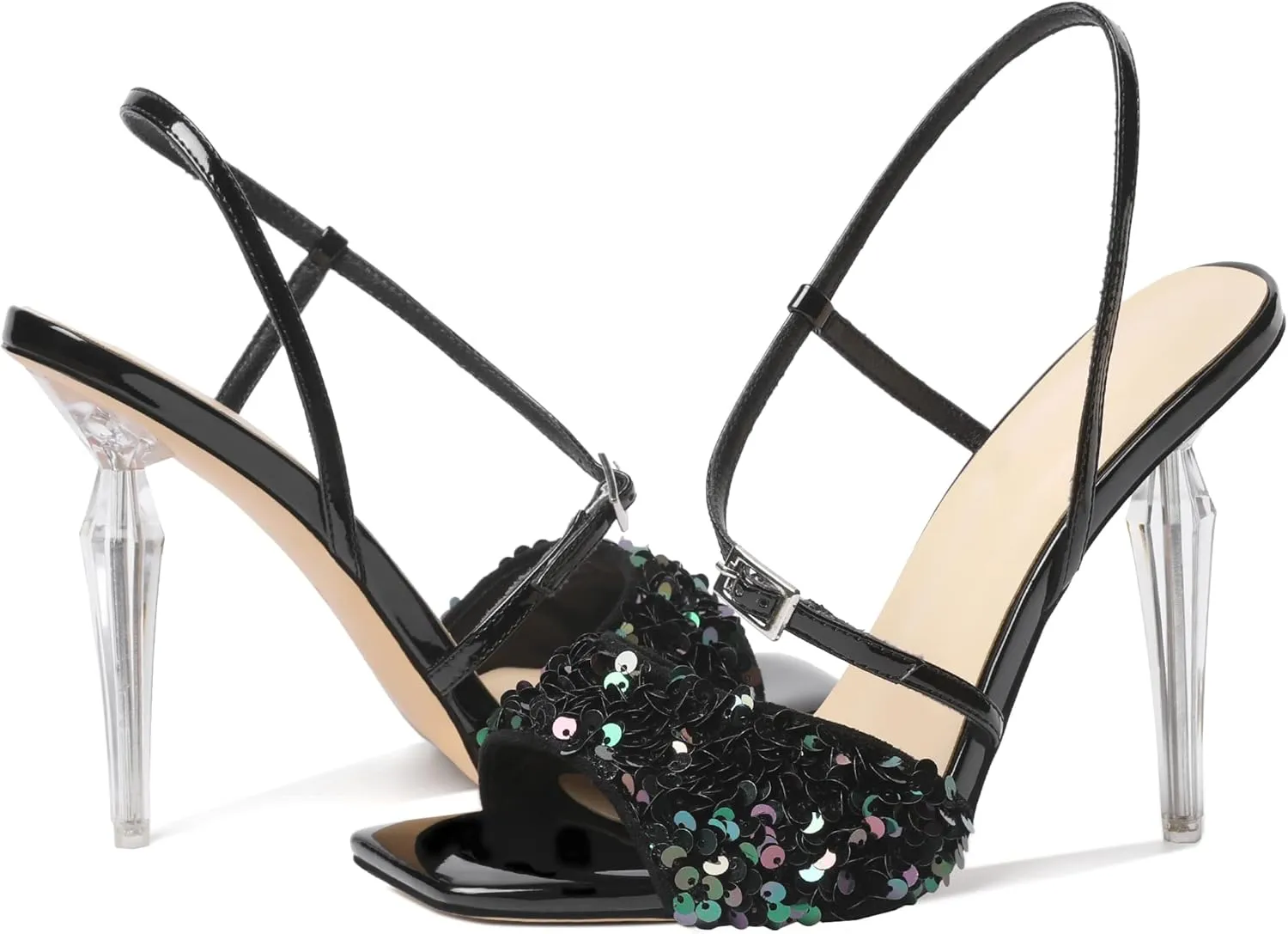 Zamikoo Women's High Heel Sandals, Ankle Strap Open Toe Heels, Square Toe Clear Stiletto Heeled Sandals 4 Inch