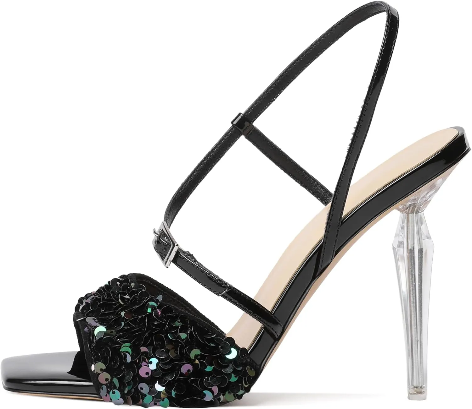 Zamikoo Women's High Heel Sandals, Ankle Strap Open Toe Heels, Square Toe Clear Stiletto Heeled Sandals 4 Inch