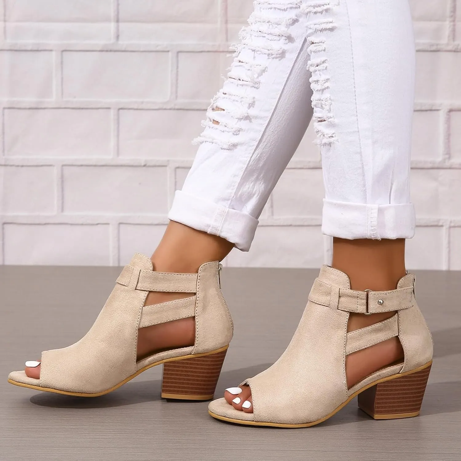 ZBYY Womens Peep Toe Ankle Booties Chunky Heels Cutout Back Zipper Sandals Suede Side Ankle Strap Dress Sandals