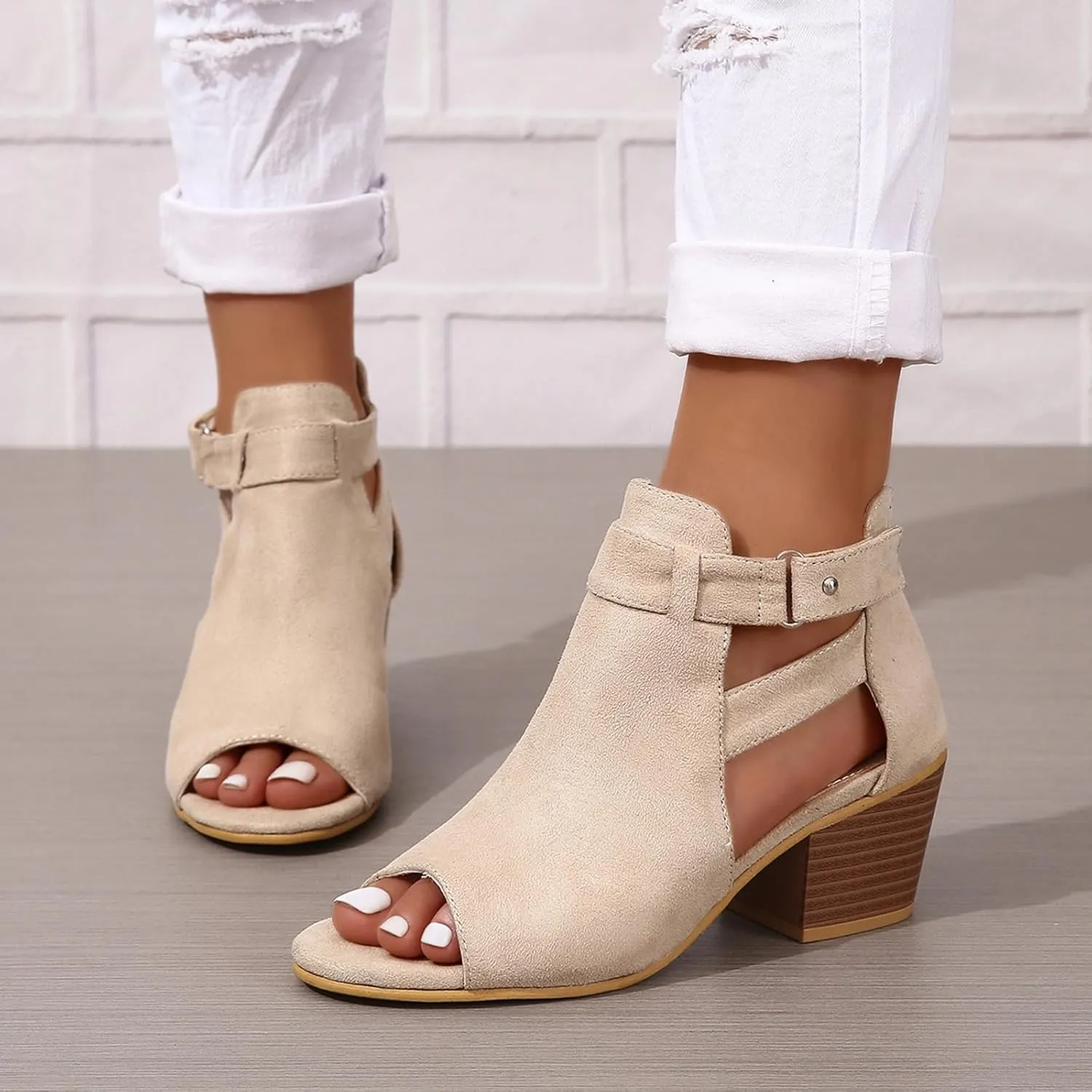 ZBYY Womens Peep Toe Ankle Booties Chunky Heels Cutout Back Zipper Sandals Suede Side Ankle Strap Dress Sandals