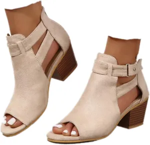 ZBYY Womens Peep Toe Ankle Booties Chunky Heels Cutout Back Zipper Sandals Suede Side Ankle Strap Dress Sandals