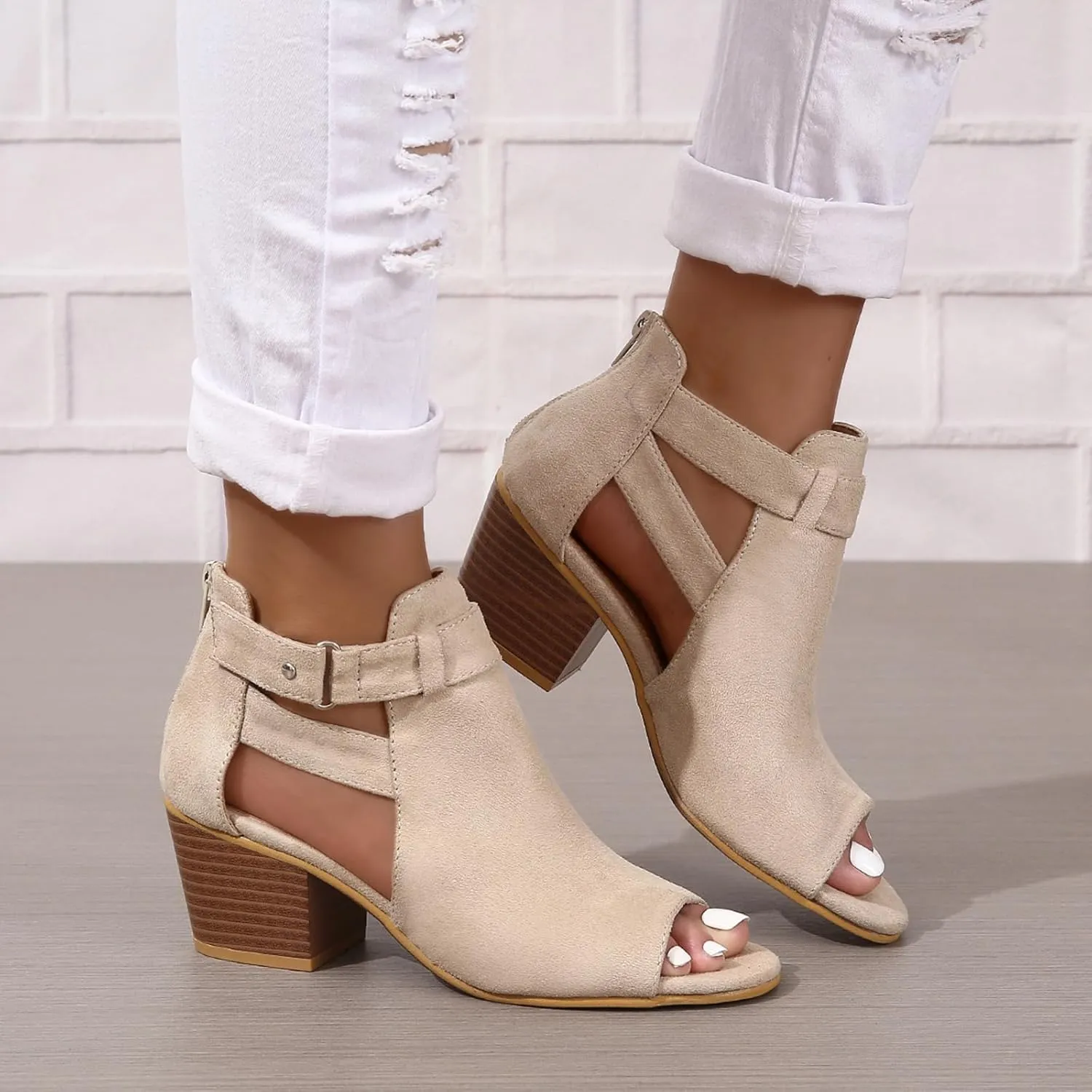ZBYY Womens Peep Toe Ankle Booties Chunky Heels Cutout Back Zipper Sandals Suede Side Ankle Strap Dress Sandals