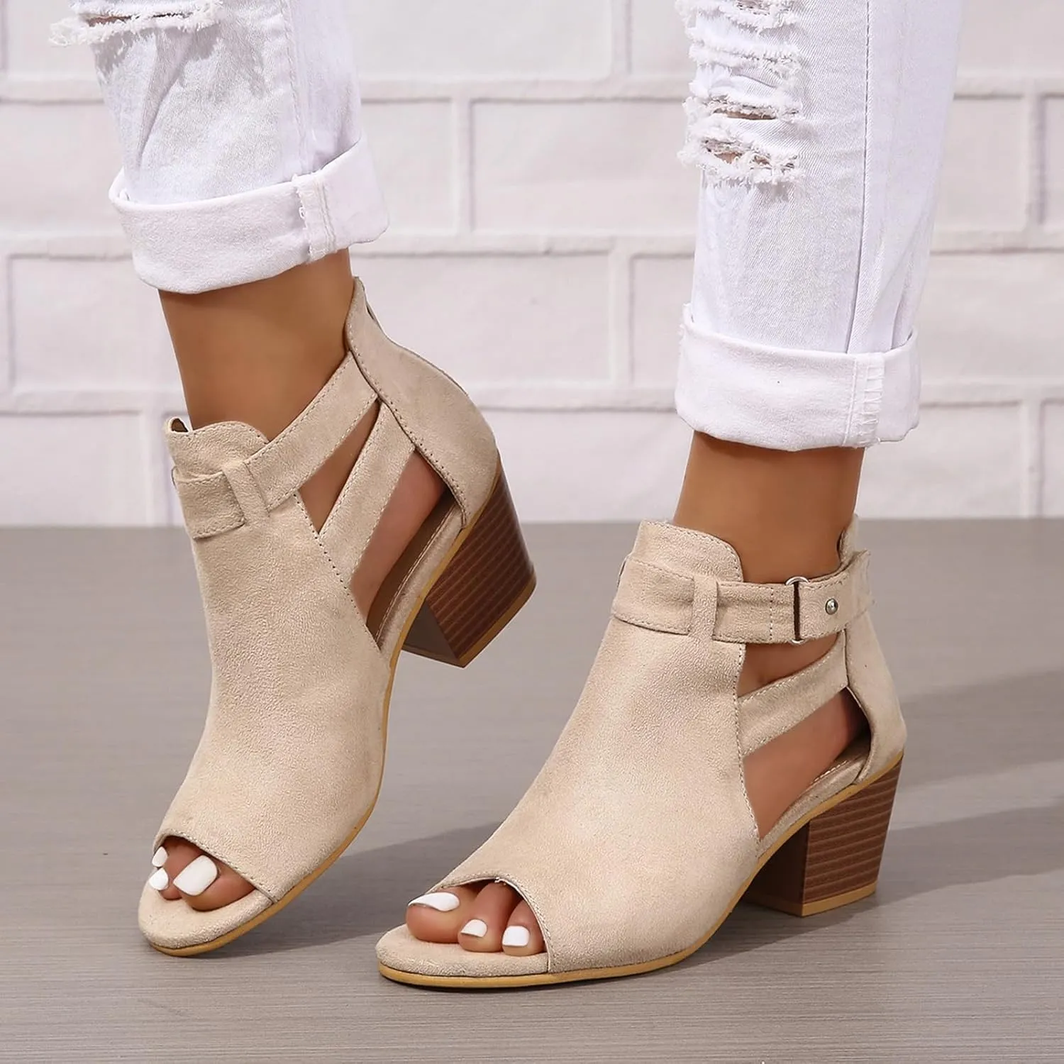 ZBYY Womens Peep Toe Ankle Booties Chunky Heels Cutout Back Zipper Sandals Suede Side Ankle Strap Dress Sandals