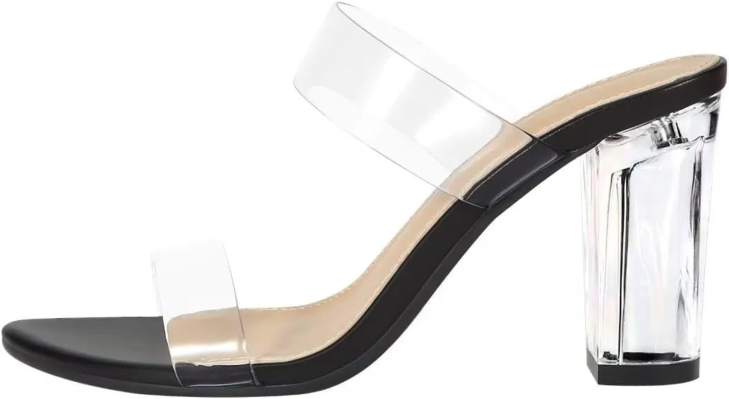 ZriEy Women's Chunky Block Open Toe Mid High Heeled Sandals Two Strap Slip on Heels Slide Sandals for Party Wedding Dress Dating Daily Pumps Shoes