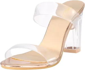 ZriEy Women's Chunky Block Open Toe Mid High Heeled Sandals Two Strap Slip on Heels Slide Sandals for Party Wedding Dress Dating Daily Pumps Shoes