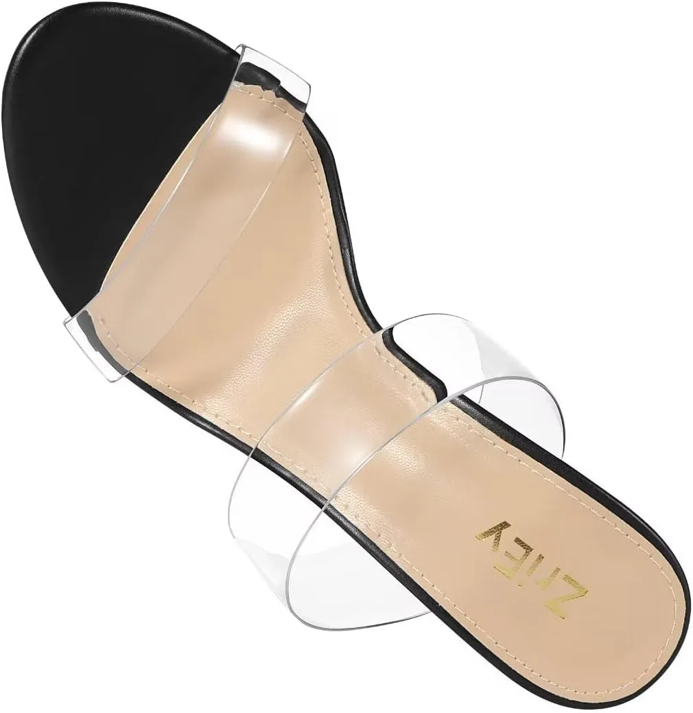 ZriEy Women's Chunky Block Open Toe Mid High Heeled Sandals Two Strap Slip on Heels Slide Sandals for Party Wedding Dress Dating Daily Pumps Shoes