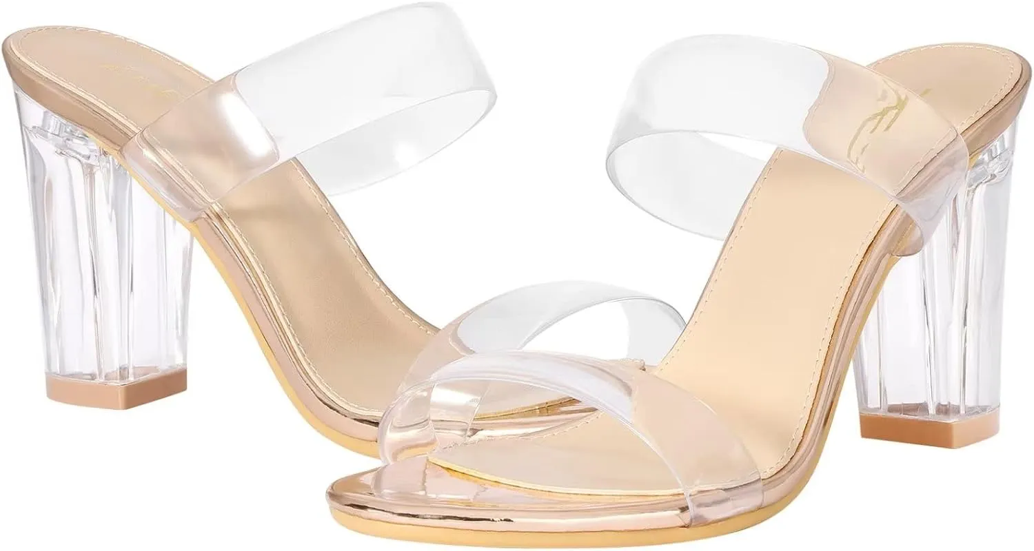 ZriEy Women's Chunky Block Open Toe Mid High Heeled Sandals Two Strap Slip on Heels Slide Sandals for Party Wedding Dress Dating Daily Pumps Shoes