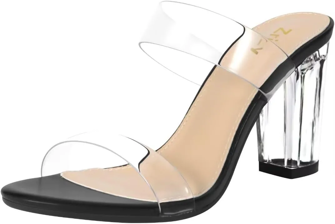 ZriEy Women's Chunky Block Open Toe Mid High Heeled Sandals Two Strap Slip on Heels Slide Sandals for Party Wedding Dress Dating Daily Pumps Shoes
