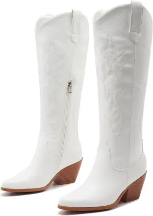 ZXHYZLZ Cowboy Boots For Women 2-Inch Low Heel Comfortable Tall Knee High Western Cowgirl Boots Pointed Toe Botas Vaqueras Para Mujer Classic Embroidered Chunky Heel
