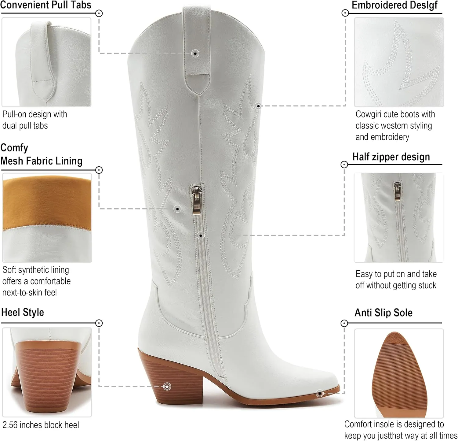 ZXHYZLZ Cowboy Boots For Women 2-Inch Low Heel Comfortable Tall Knee High Western Cowgirl Boots Pointed Toe Botas Vaqueras Para Mujer Classic Embroidered Chunky Heel